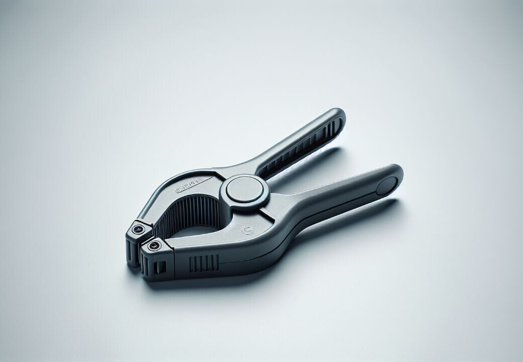 Close-up of a gray plastic spring clamp with textured grips on a smooth light gray surface.