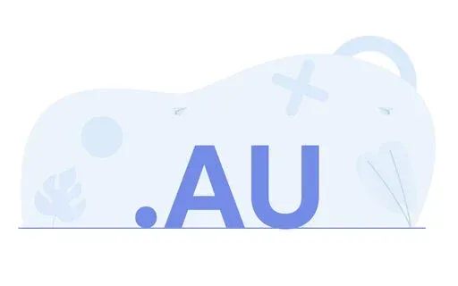 Illustration featuring large blue text '.AU' in the foreground with soft abstract shapes and plant motifs in light blue tones in the background.