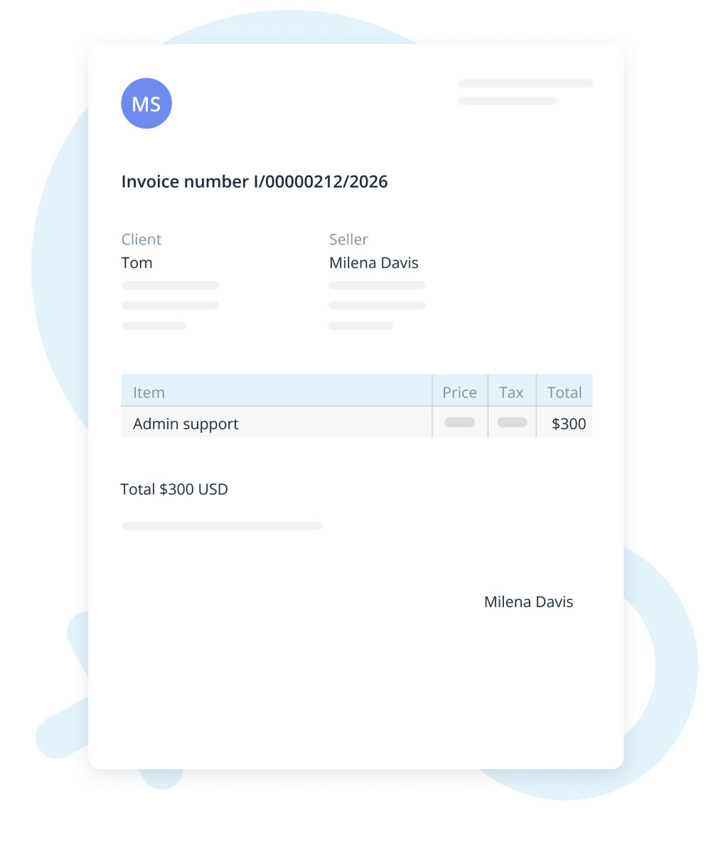 Minimalist invoice for virtual assistant services showing $300 total from Milena Davis to client Tom