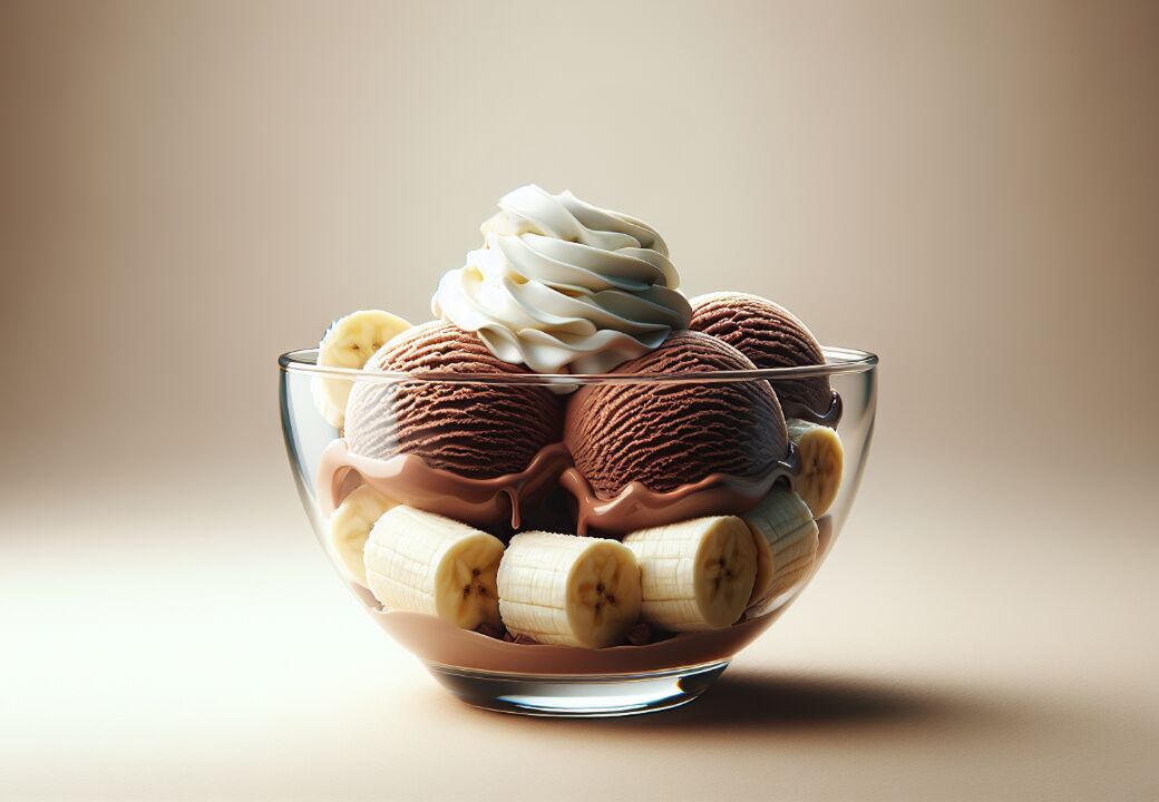 Glass bowl banana split with chocolate ice cream scoops, whipped cream, and banana slices.