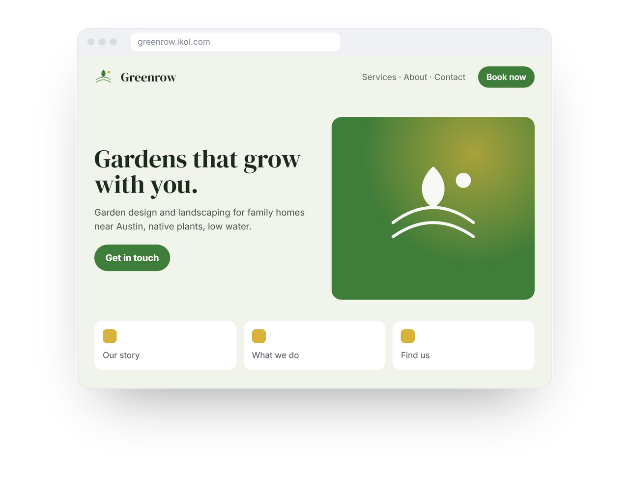 Greenrow landscaping website mockup showing hero headline, green CTA, and plant icon graphic for Austin garden design