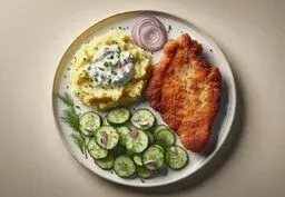 Plate with a golden-brown breaded cutlet, creamy mashed potatoes topped with sour cream and chives, and a cucumber-dill salad with red onion slices.