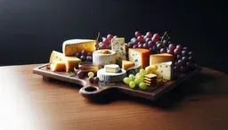 Artful cheese board on a wooden serving tray with assorted cheeses, grapes, and crackers against a dark background.