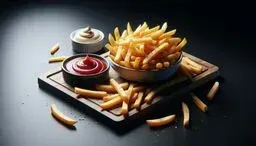 Golden French fries in a bowl on a wooden board with ketchup and mayonnaise dips on a dark tabletop.