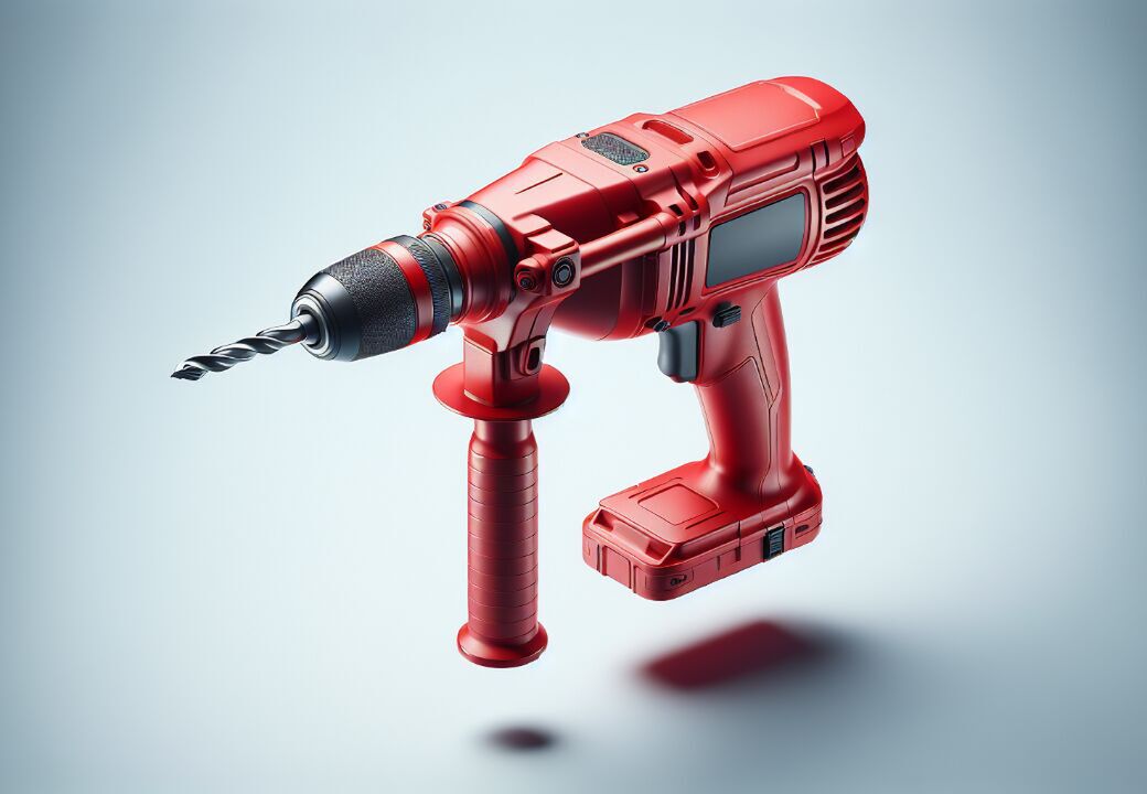 Red cordless power drill with side handle floating against a light gradient background.