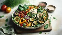 Vegan Buddha bowl topped with grilled zucchini, peppers, tomatoes, red onion, quinoa, greens, and a dollop of hummus, arranged on a wooden board with dipping sauce and seeds nearby.