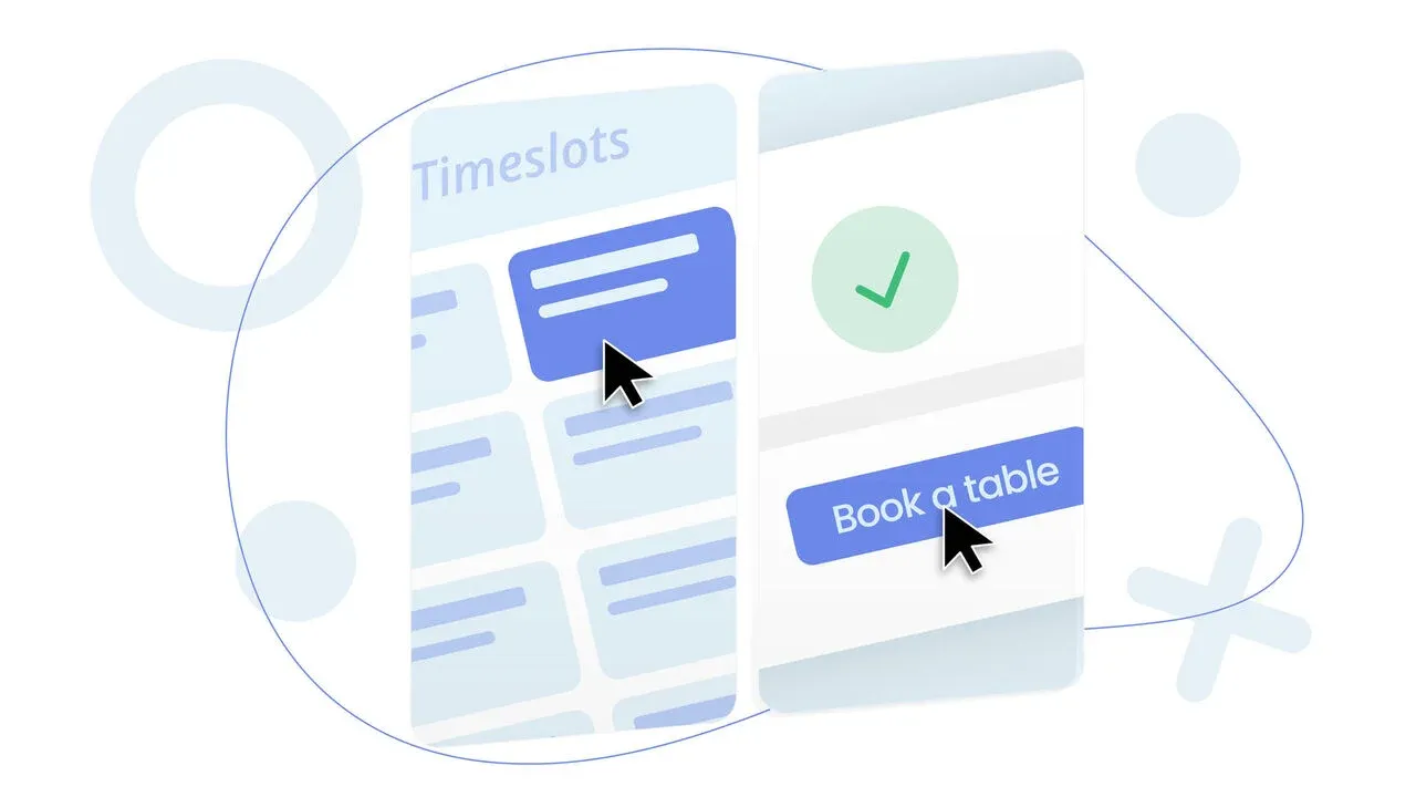 Illustration of a booking app UI showing selectable timeslots and a 'Book a table' button being clicked.
