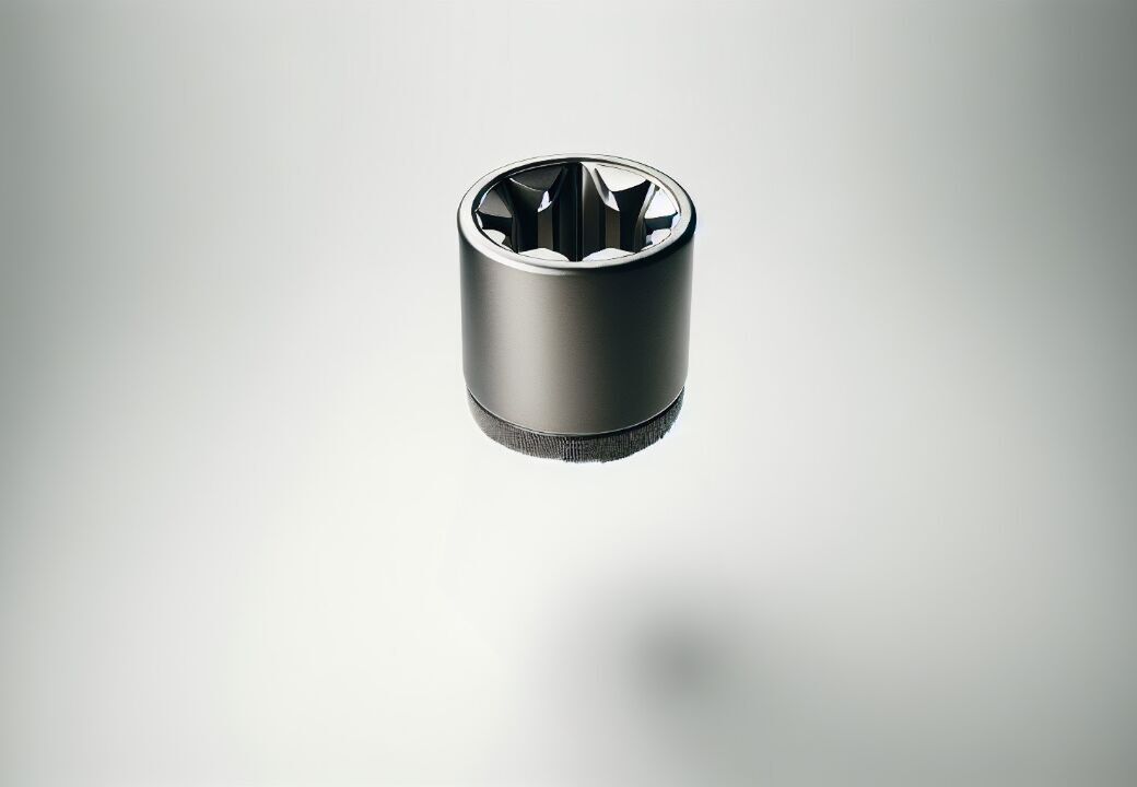 Close-up of a single metallic socket tool head floating against a light gray background, showing its six-point star-shaped interior and smooth cylindrical exterior with a textured base edge.