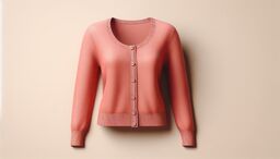 Coral pink button-front cardigan sweater on a neutral beige background.