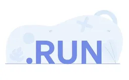.RUN text in bold blue with abstract light blue graphic elements in the background