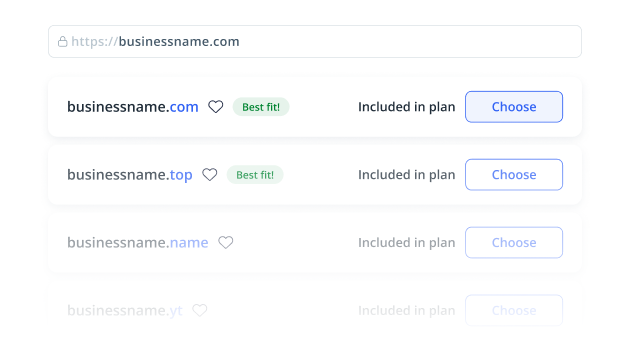 Domain selection interface showing availability and plan inclusion for multiple TLD options like businessname.com, .top, .name, and .yt with 'Choose' buttons.