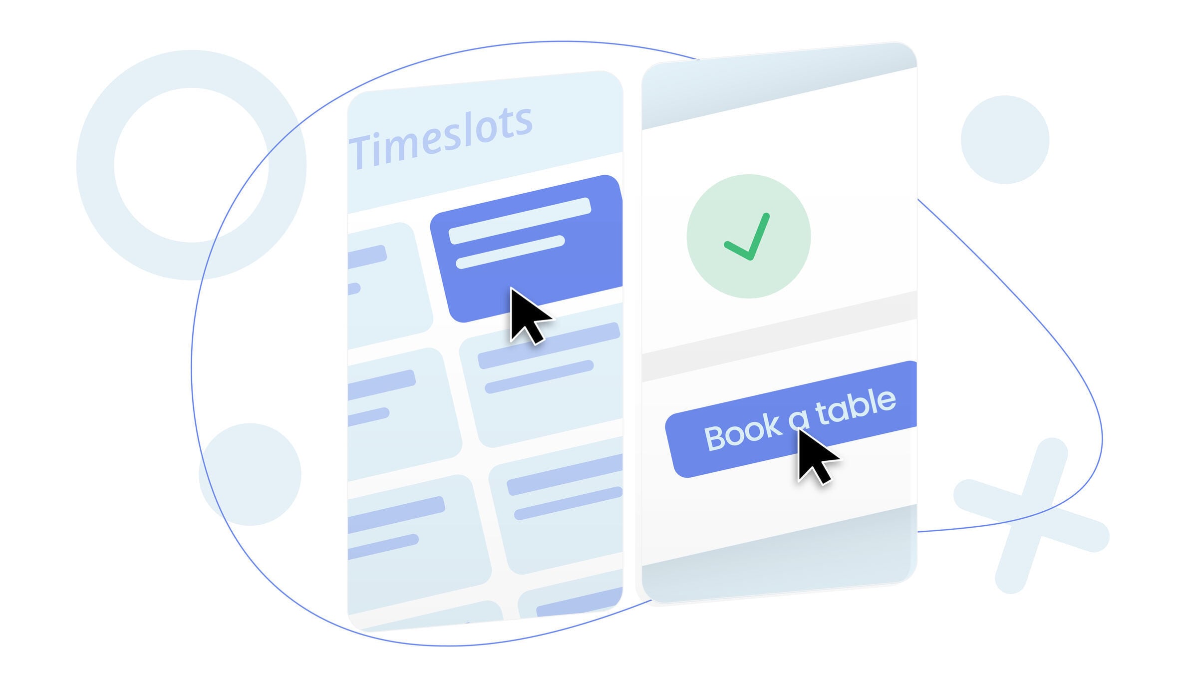 Illustration of a booking app interface showing timeslots and a 'Book a table' button being clicked.