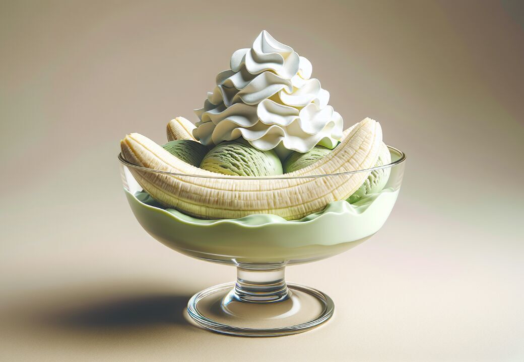 Banana split dessert in a glass dish with pale green ice cream scoops and a tall swirl of whipped cream on top.