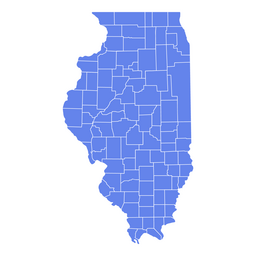 Simplified blue map of Illinois with county boundaries outlined in white on a white background
