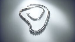 Polished silver curb chain necklaces arranged on a smooth surface under spotlight, creating bright reflections and soft shadows.