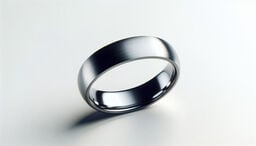 Minimalist photo of a sleek silver metal ring on a light background with soft shadow.