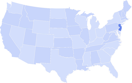Map of the United States with New Jersey highlighted in a darker blue color.
