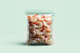 Clear zip-top bag filled with neatly arranged cooked shrimp against a pale mint background.