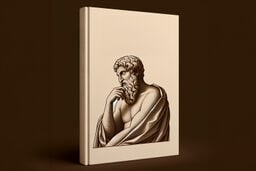 Hardcover book with a minimalist beige cover featuring a classical engraving-style illustration of a thoughtful, bearded figure draped in a cloak.
