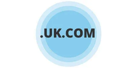 Circular blue logo with the text .UK.COM in bold dark gray letters at the center
