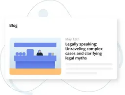 UI card mockup for a blog post titled "Legally speaking: Unraveling complex cases and clarifying legal myths," dated May 12th, with a minimalist courtroom illustration on the left.