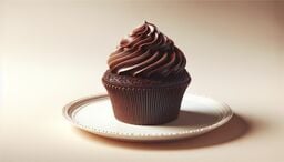 Rich chocolate cupcake with glossy swirled frosting on a decorative white plate against a soft beige background.