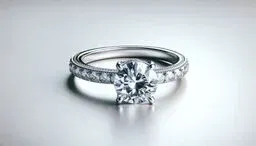 Close-up of an elegant diamond engagement ring with a pavé band on a reflective surface
