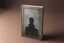 Hardcover book standing upright with a faded, vintage cover showing a silhouetted profile of a person within a thin decorative border, lit against a warm brown background.