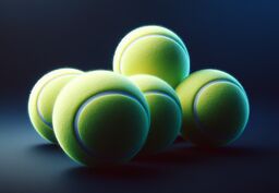Close-up still life of five neon-yellow tennis balls clustered on a dark surface with dramatic blue lighting.