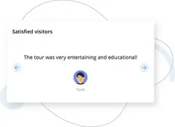 Testimonial card titled Satisfied visitors showing a review that reads: The tour was very entertaining and educational! with a small avatar illustration and the name Tom centered below, plus left and right arrow buttons for navigation on a clean white car