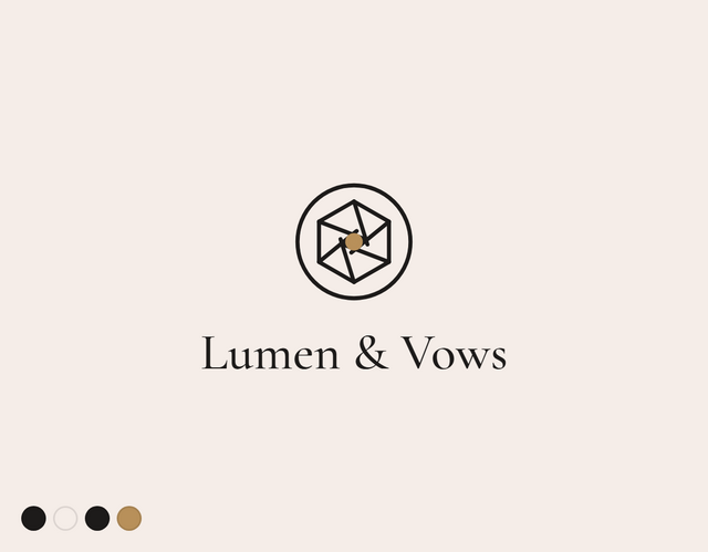 Lumen & Vows wedding brand logo on a soft beige background with geometric camera iris icon and gold accent