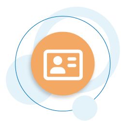 Icon of an ID card inside an orange circle with overlapping blue circular shapes in the background.