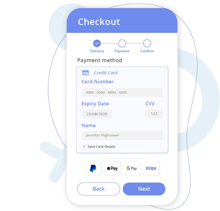 Mobile checkout screen UI showing payment method form with credit card details and digital wallet options.