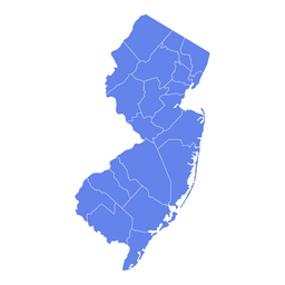 Simplified blue map of New Jersey showing county boundaries on a white background.