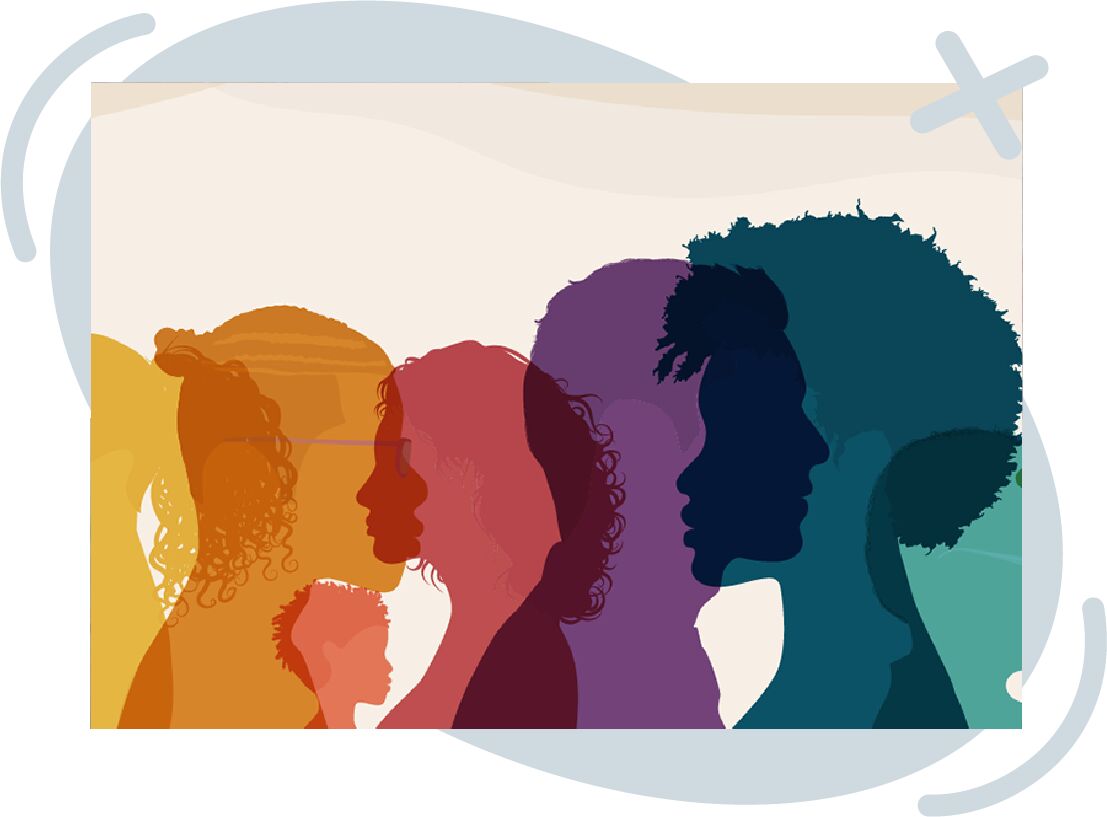 Colorful layered silhouettes of diverse people in profile facing right.
