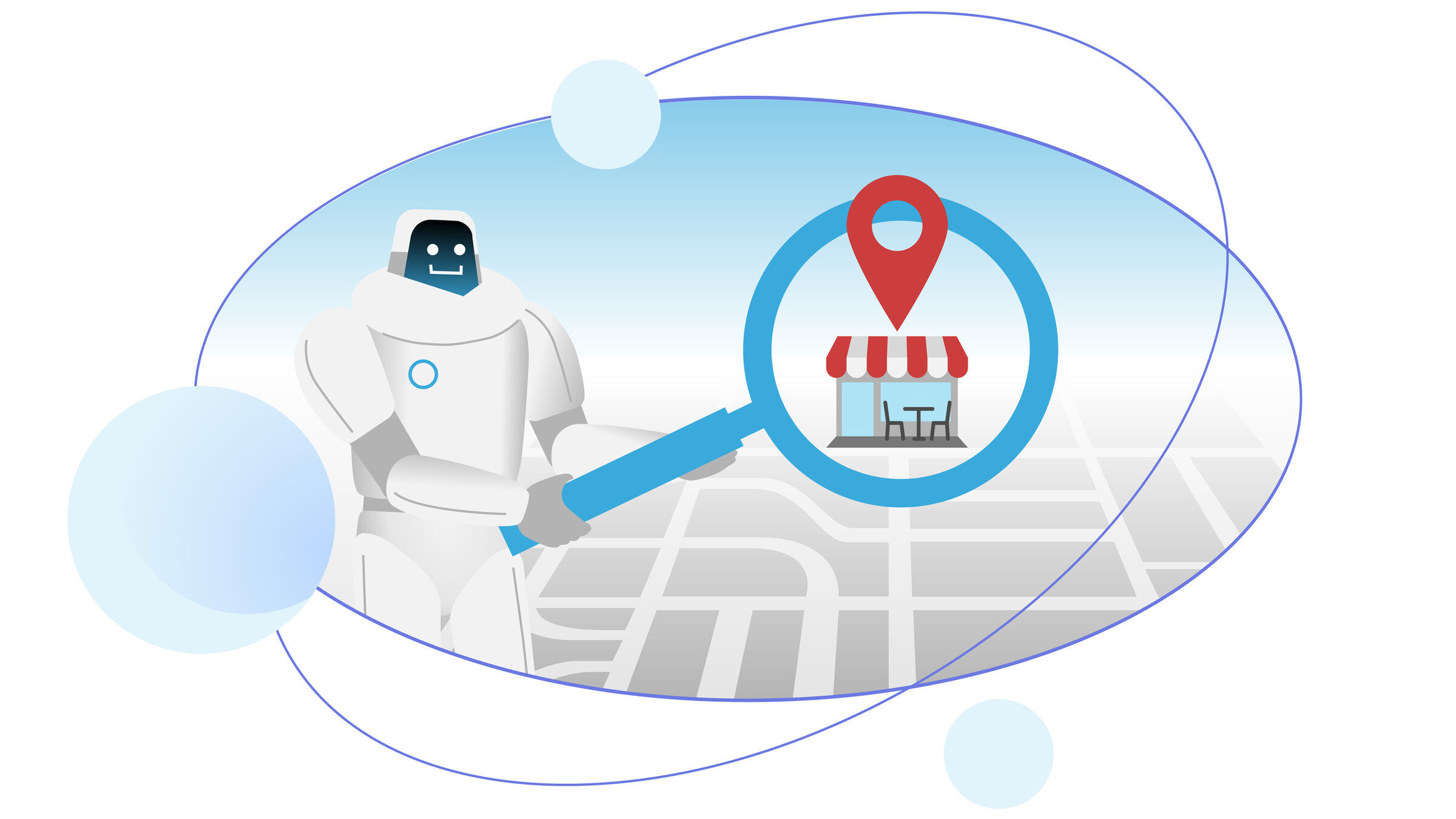 Friendly robot holding a magnifying glass over a map, highlighting a small shop with a location pin.