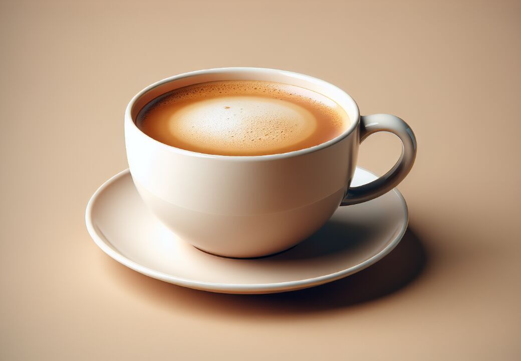 Creamy cup of coffee with foam in a white ceramic cup on a matching saucer against a warm beige background.