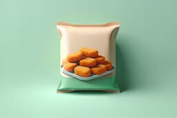 Sealed snack-style package featuring a photo of golden-brown chicken nuggets stacked on a light blue tray against a beige and mint-green bag design, set on a mint background.