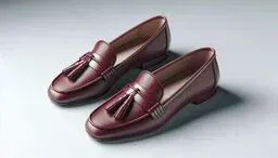 Pair of burgundy leather tassel loafers on a light gray surface