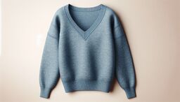 Blue V-neck sweater laid flat against a neutral beige background