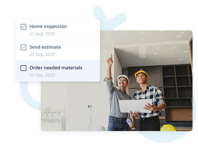 Two construction professionals reviewing a ceiling in an unfinished room, with an overlaid task checklist showing dates for a home inspection, estimate, and ordering materials.