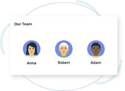 Illustrated team section showing three circular avatar icons labeled Anna, Robert, and Adam.