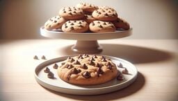 Close-up of a large chocolate chip cookie on a plate, topped with glossy chocolate drops, with a pedestal stand of more cookies blurred in the background.