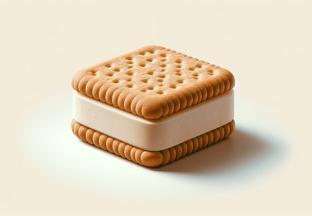 Square vanilla ice cream sandwich with two golden biscuits on a pale background.