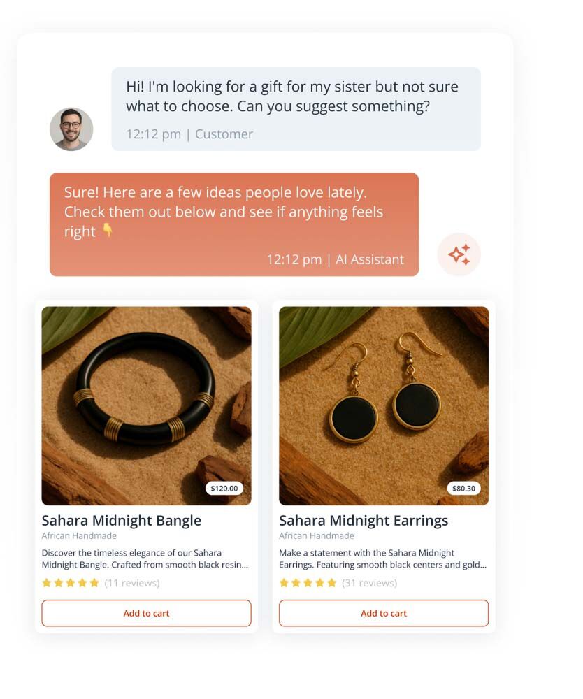 Chat interface where an AI assistant suggests jewelry gift ideas, displaying product cards for a black bangle and matching earrings on a warm, natural background.