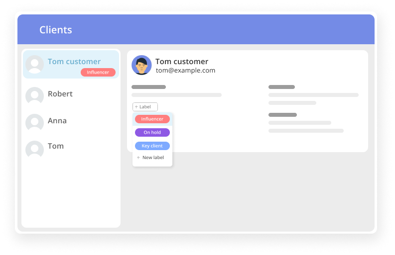 Customer management dashboard showing a client list on the left and a detailed profile pane on the right with labels like Influencer, On hold, and Key client for a selected contact named Tom customer.
