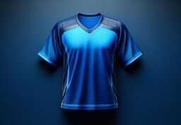 Blue athletic V-neck jersey mockup on a dark gradient background, shown from the front with subtle lighting and shadow for depth.