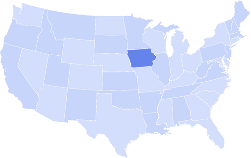 Map of the United States with the state of Iowa highlighted in a darker blue, centered in the Midwest.