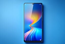 Modern smartphone with vibrant abstract wallpaper on a blue background
