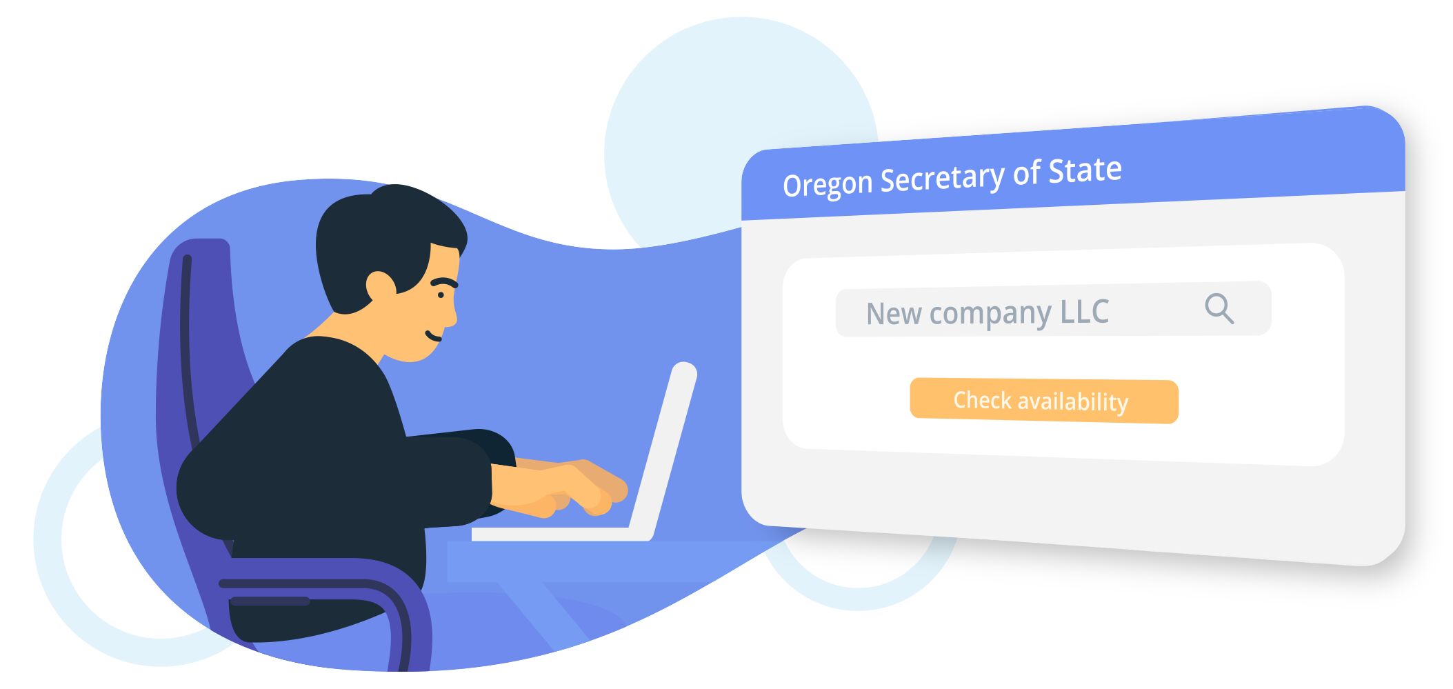 Illustration of a person using a laptop to check a business name on the Oregon Secretary of State website.